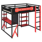 Cama alta de tamaño completo con escritorio y estantes – Negro y azul / Negro y verde / Negro y rojo, 1 persona