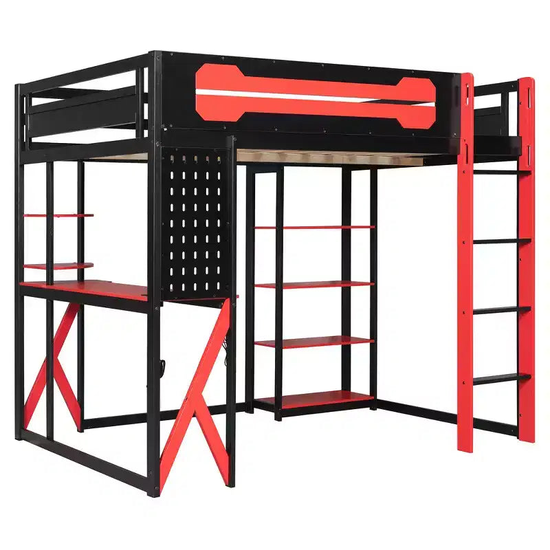 Cama alta de tamaño completo con escritorio y estantes – Negro y azul / Negro y verde / Negro y rojo, 1 persona