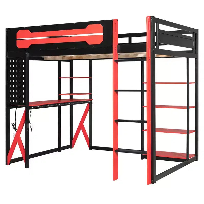 Cama alta de tamaño completo con escritorio y estantes – Negro y azul / Negro y verde / Negro y rojo, 1 persona