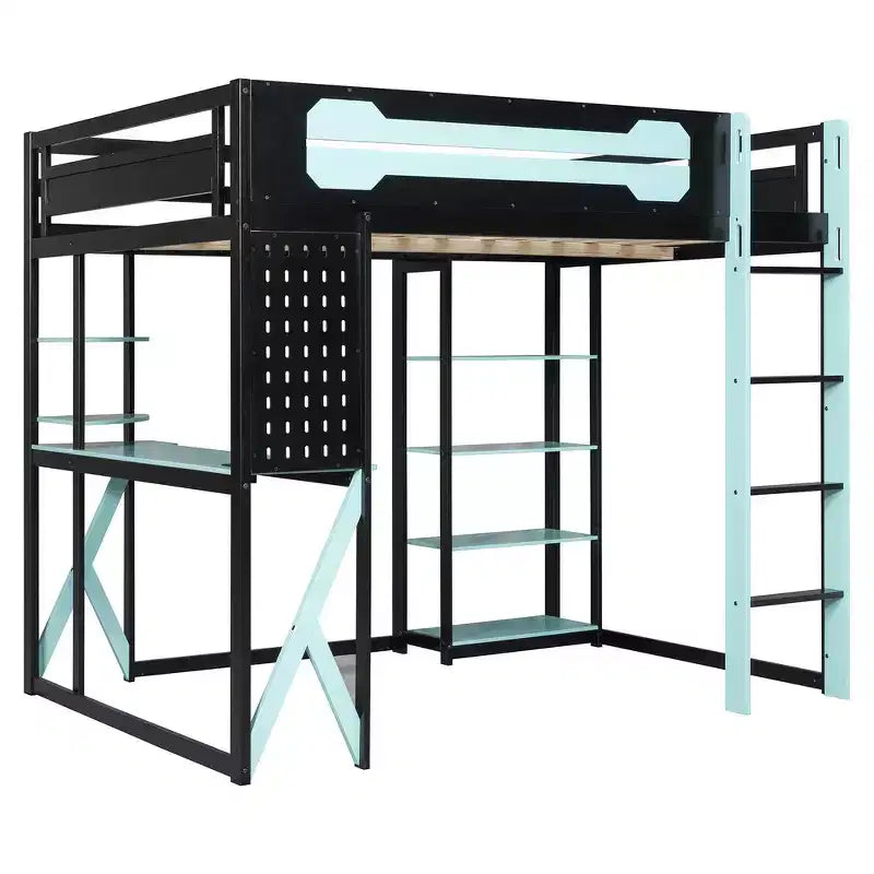 Cama alta de tamaño completo con escritorio y estantes – Negro y azul / Negro y verde / Negro y rojo, 1 persona