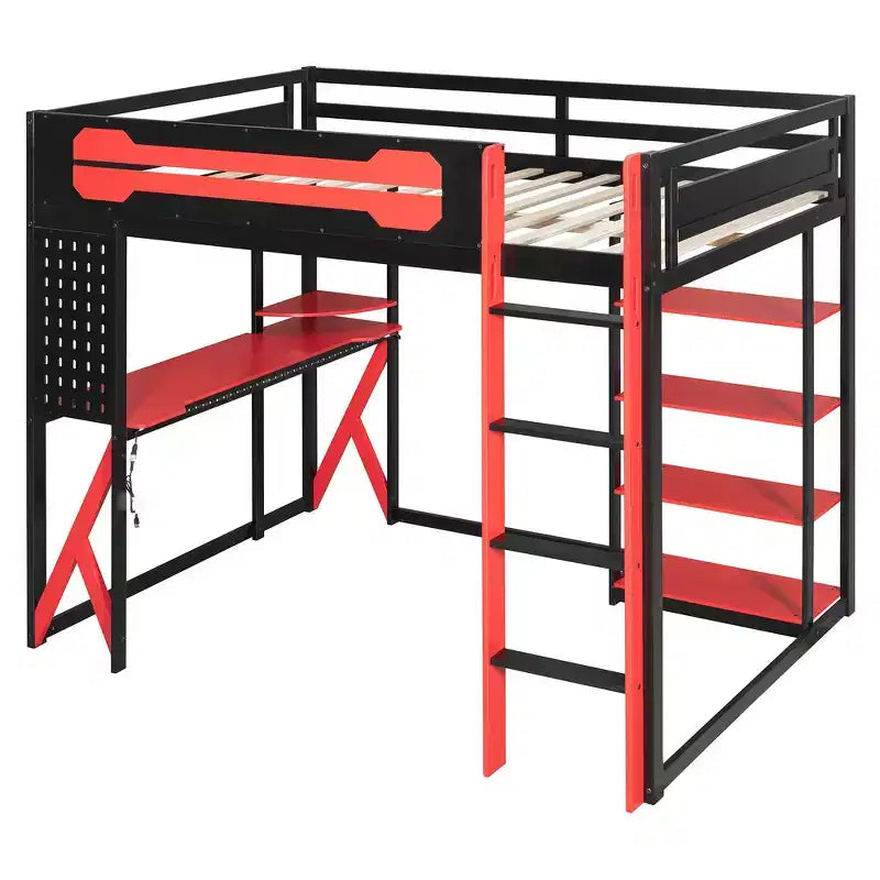 Cama alta de tamaño completo con escritorio y estantes – Negro y azul / Negro y verde / Negro y rojo, 1 persona