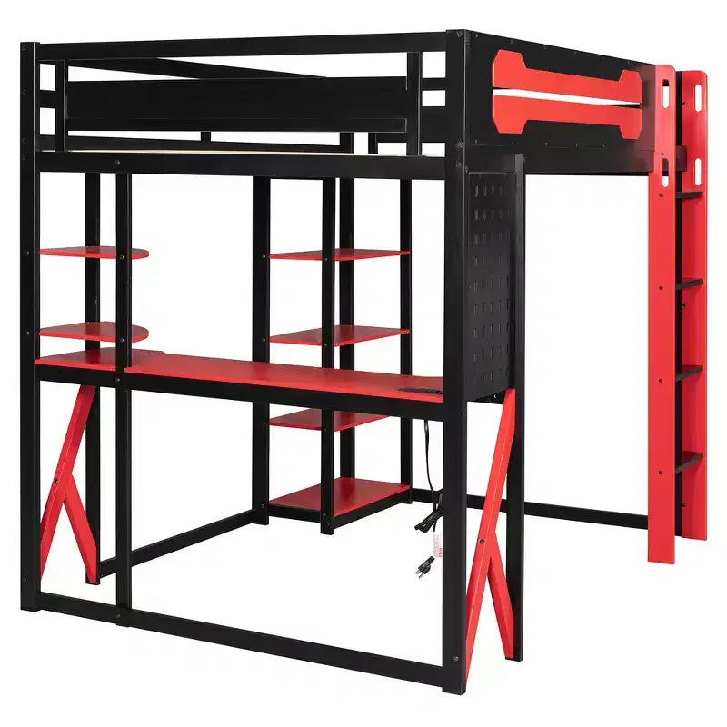 Cama alta de tamaño completo con escritorio y estantes – Negro y azul / Negro y verde / Negro y rojo, 1 persona