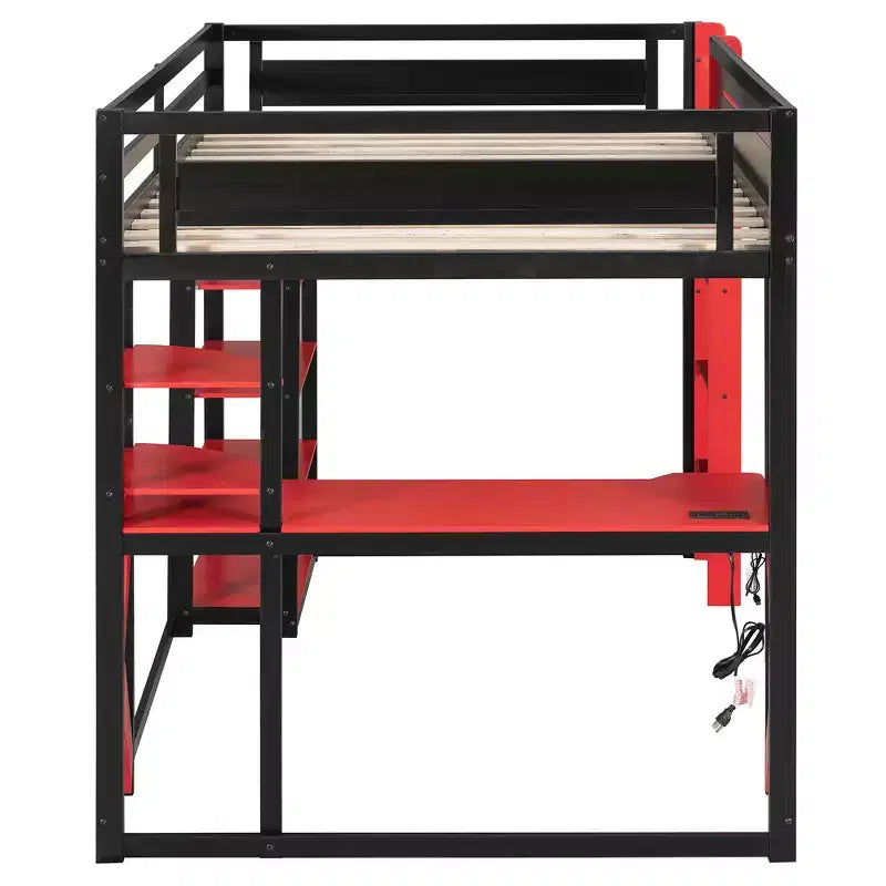 Cama alta de tamaño completo con escritorio y estantes – Negro y azul / Negro y verde / Negro y rojo, 1 persona