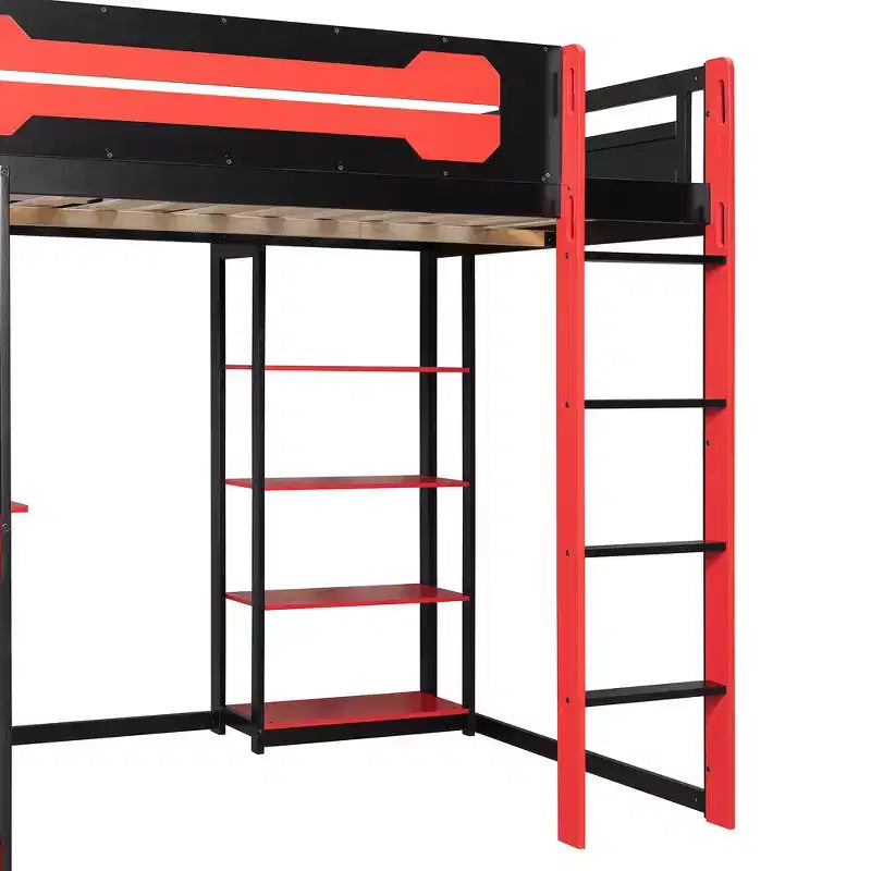 Cama alta de tamaño completo con escritorio y estantes – Negro y azul / Negro y verde / Negro y rojo, 1 persona