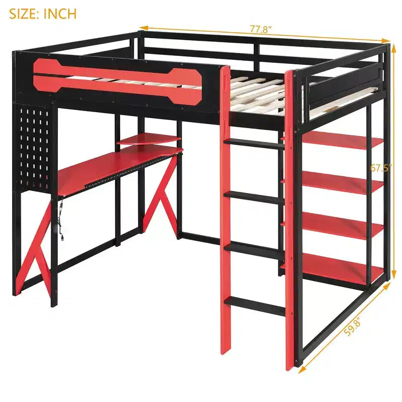 Cama alta de tamaño completo con escritorio y estantes – Negro y azul / Negro y verde / Negro y rojo, 1 persona