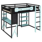 Cama alta de tamaño completo con escritorio y estantes – Negro y azul / Negro y verde / Negro y rojo, 1 persona