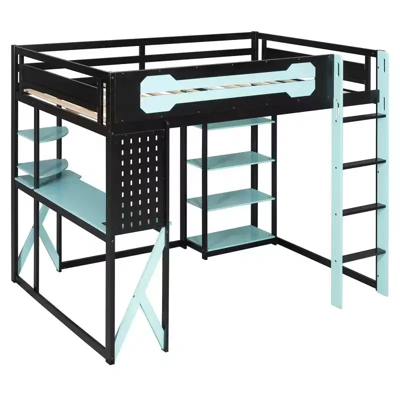 Cama alta de tamaño completo con escritorio y estantes – Negro y azul / Negro y verde / Negro y rojo, 1 persona