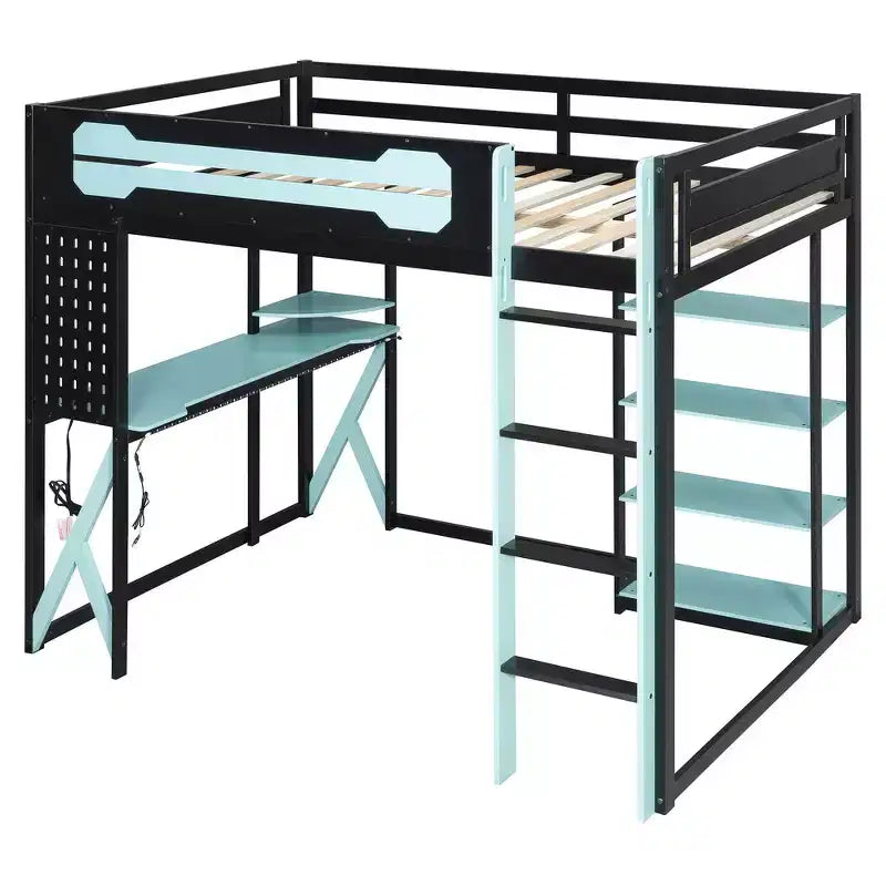 Cama alta de tamaño completo con escritorio y estantes – Negro y azul / Negro y verde / Negro y rojo, 1 persona