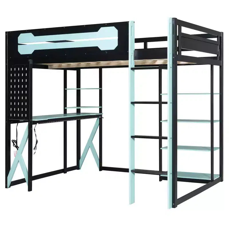 Cama alta de tamaño completo con escritorio y estantes – Negro y azul / Negro y verde / Negro y rojo, 1 persona