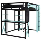 Cama alta de tamaño completo con escritorio y estantes – Negro y azul / Negro y verde / Negro y rojo, 1 persona