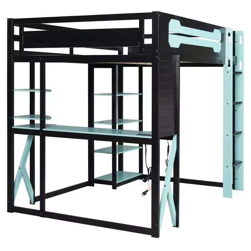 Cama alta de tamaño completo con escritorio y estantes – Negro y azul / Negro y verde / Negro y rojo, 1 persona