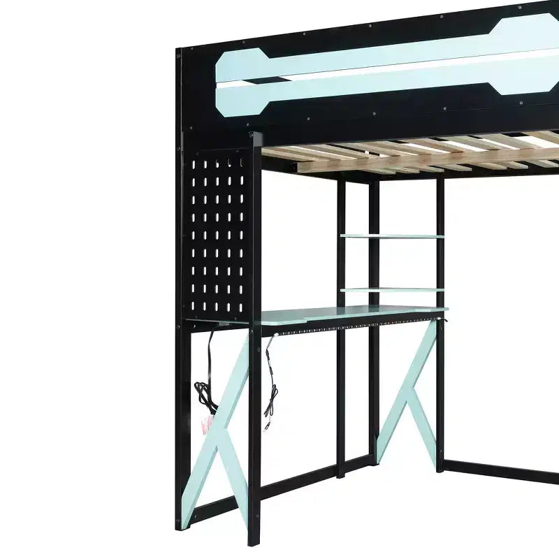 Cama alta de tamaño completo con escritorio y estantes – Negro y azul / Negro y verde / Negro y rojo, 1 persona