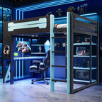 Whisen Full Wood Loft Bed Frame with Desk, Shelves, Power Outlet & USB/Type-C Ports