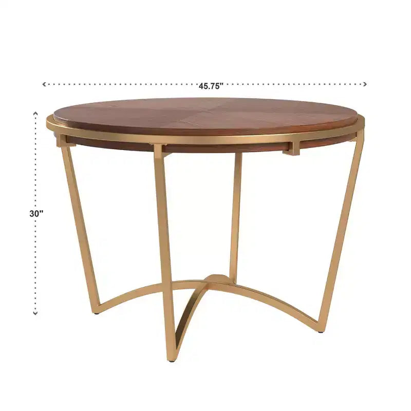 Mesa de comedor redonda marrón y dorada, base de 4 patas, con capacidad para 4 personas