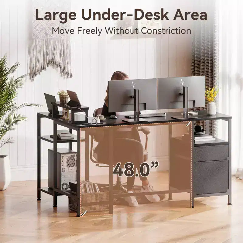 Escritorio esquinero en forma de L negro con soporte para monitor y archivador, 1 persona
