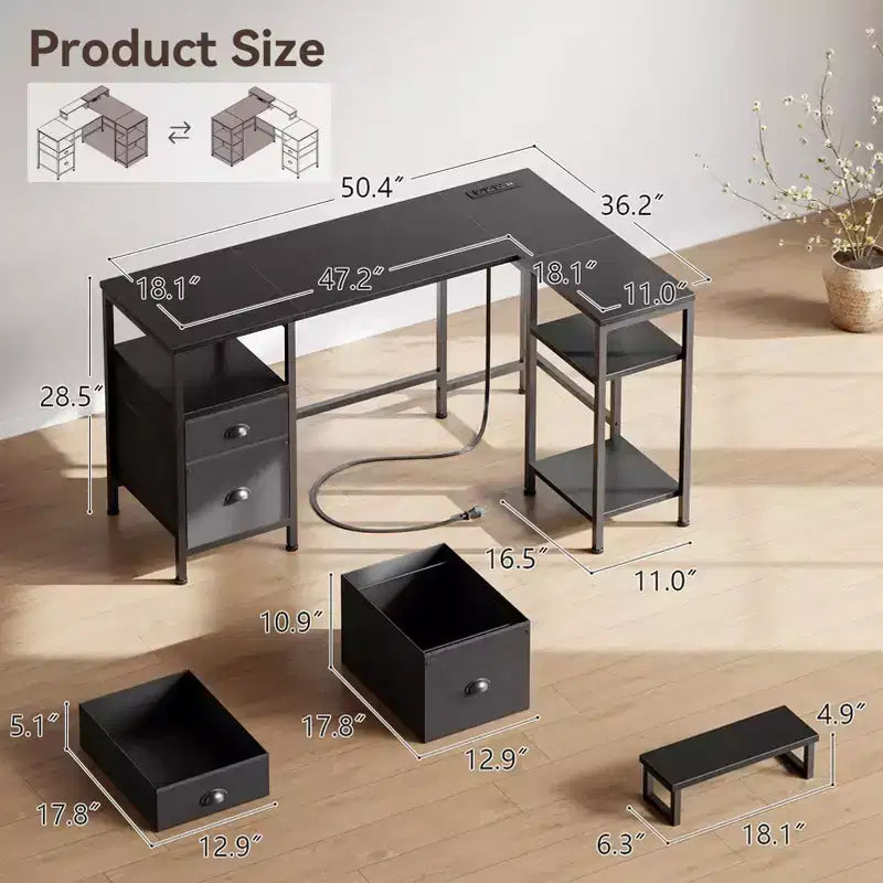 Escritorio esquinero en forma de L negro con soporte para monitor y archivador, 1 persona