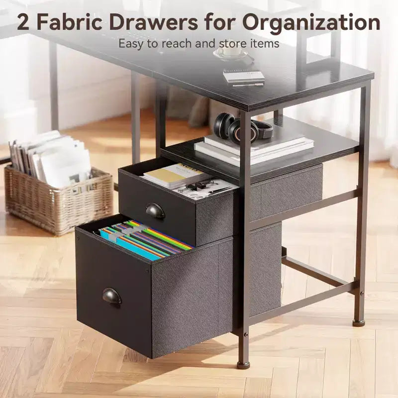 Escritorio esquinero en forma de L negro con soporte para monitor y archivador, 1 persona