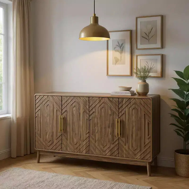 Aparador de madera marrón, estilo geométrico de 4 puertas, montaje por 1 persona