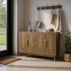 Aparador de madera marrón, estilo geométrico de 4 puertas, montaje por 1 persona