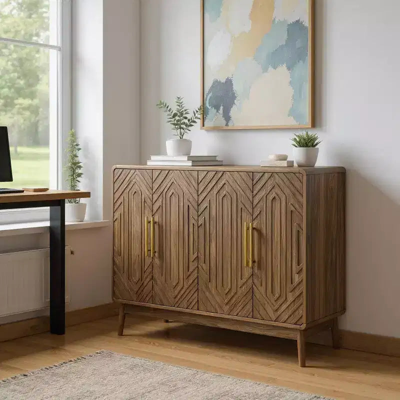 Aparador de madera marrón, estilo geométrico de 4 puertas, montaje por 1 persona