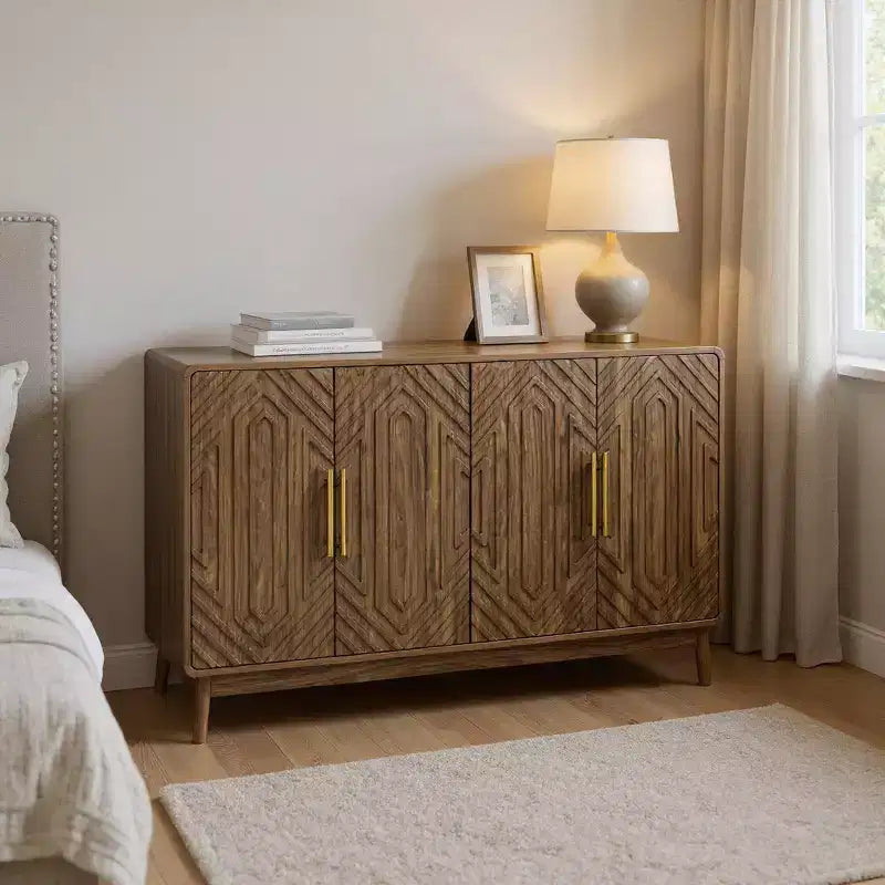 Aparador de madera marrón, estilo geométrico de 4 puertas, montaje por 1 persona