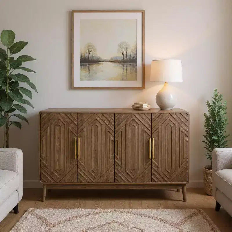 Aparador de madera marrón, estilo geométrico de 4 puertas, montaje por 1 persona