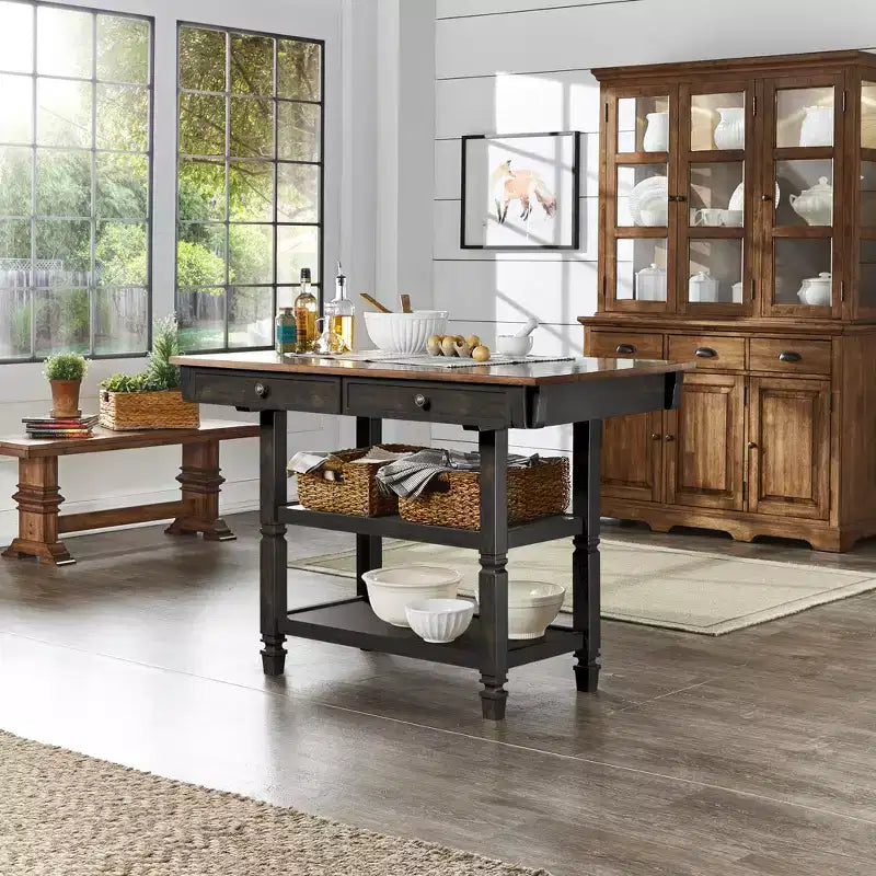 Isla de Cocina Bicolor con Cajones – Gris Antiguo / Blanco Antiguo / Negro