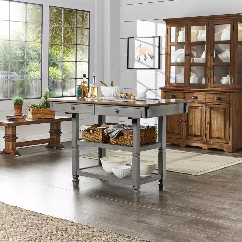 Isla de Cocina Bicolor con Cajones – Gris Antiguo / Blanco Antiguo / Negro
