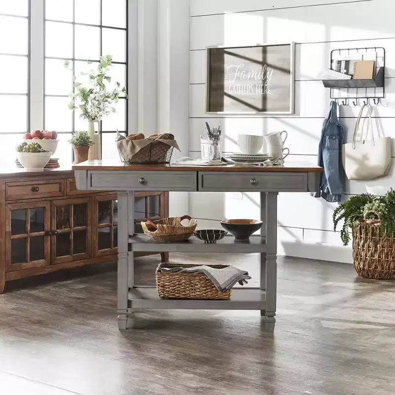 Isla de Cocina Bicolor con Cajones – Gris Antiguo / Blanco Antiguo / Negro