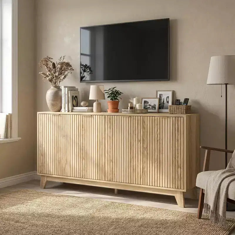 Aparador con ranuras blancas, 140 cm de ancho, 4 puertas, 5 estantes