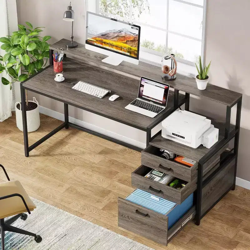 Escritorio de computadora industrial negro con cajón de archivo y soporte para monitor, para 1 persona