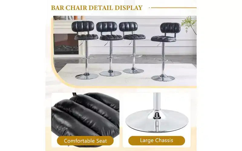 Taburete de bar ajustable en altura, blanco/negro, piel sintética, respaldo bajo, sin brazos, juego de 2