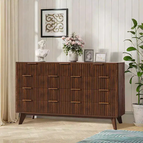 54 Modern Fluted Wave Dresser,9-Drawer Wooden Chest with Metal Handles & Curved Profile, Stylish TV Stand for Bedroom, Living Room, Entryway