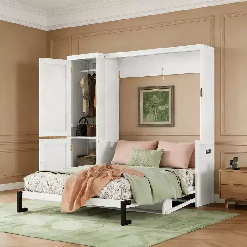 Cama Murphy blanca tamaño queen con armario y escritorio, montaje para 2 o 3 personas
