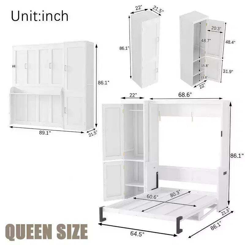 Cama Murphy blanca tamaño queen con armario y escritorio, montaje para 2 o 3 personas