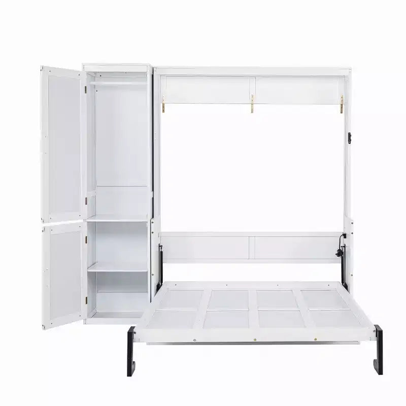 Cama Murphy blanca tamaño queen con armario y escritorio, montaje para 2 o 3 personas