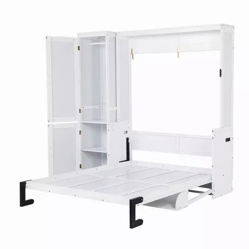 Cama Murphy blanca tamaño queen con armario y escritorio, montaje para 2 o 3 personas