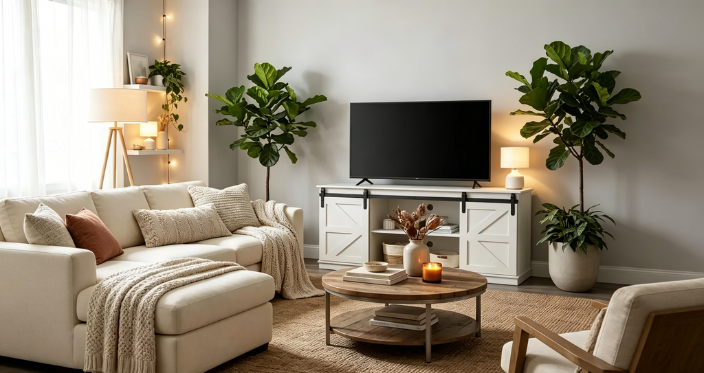 Mueble de TV rústico marrón con puertas correderas tipo granero, para televisores de hasta 65"