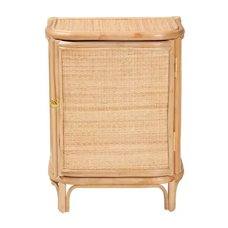 Mesita de noche de ratán natural, marrón, con una puerta y 2 estantes