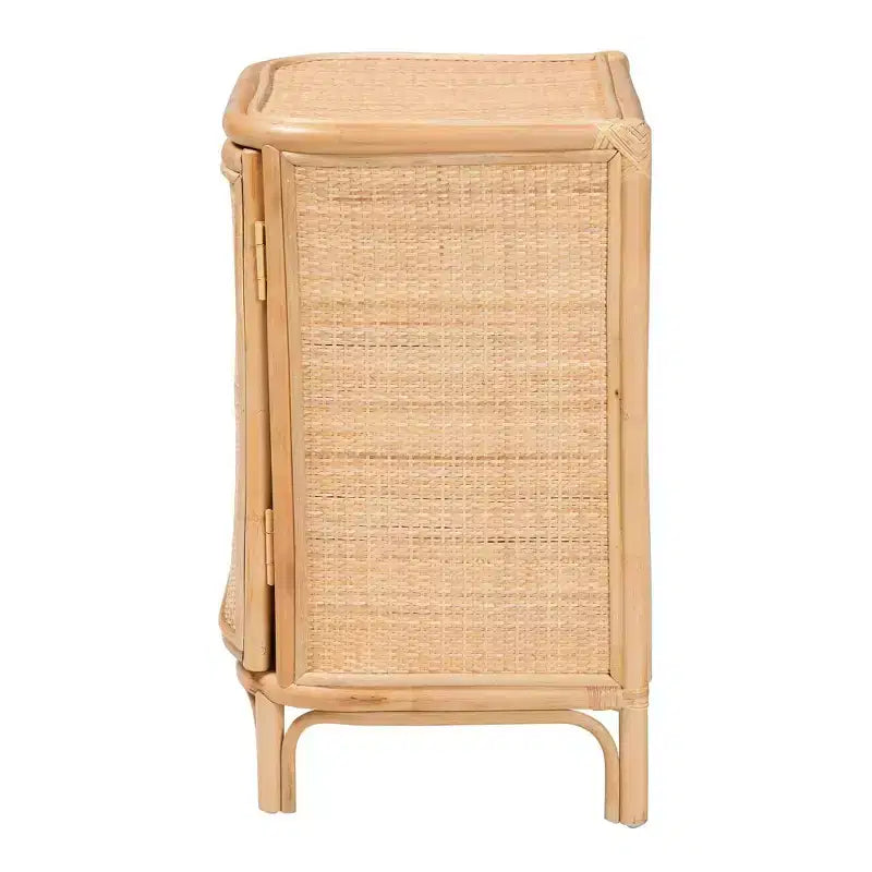Mesita de noche de ratán natural, marrón, con una puerta y 2 estantes