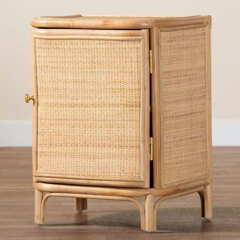 Mesita de noche de ratán natural, marrón, con una puerta y 2 estantes