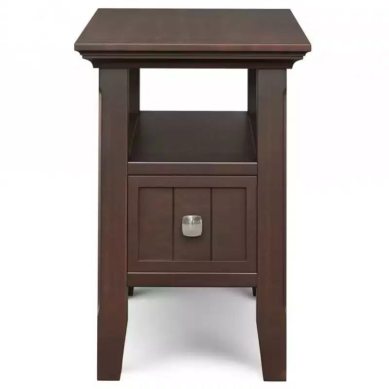 Mesa auxiliar estrecha marrón con cajón y estante abierto, madera de pino, 1 unidad