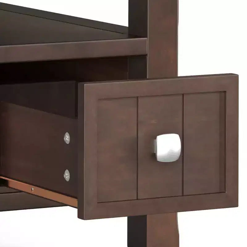 Mesa auxiliar estrecha marrón con cajón y estante abierto, madera de pino, 1 unidad