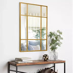 Espejo de pared rectangular de metal, con diseño de rejilla, en color negro y dorado, para colgar verticalmente