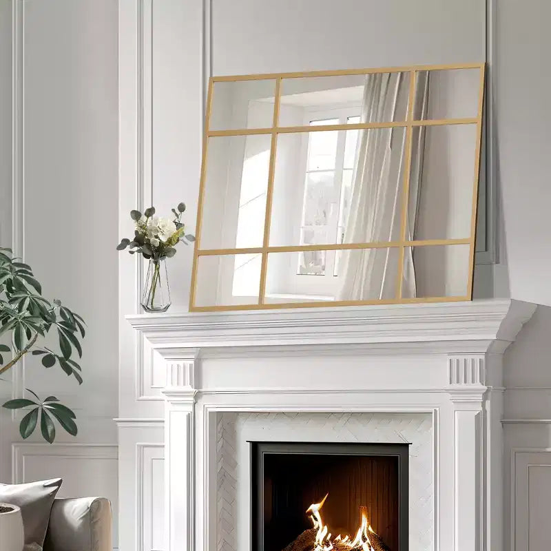 Espejo de pared rectangular de metal, con diseño de rejilla, en color negro y dorado, para colgar verticalmente