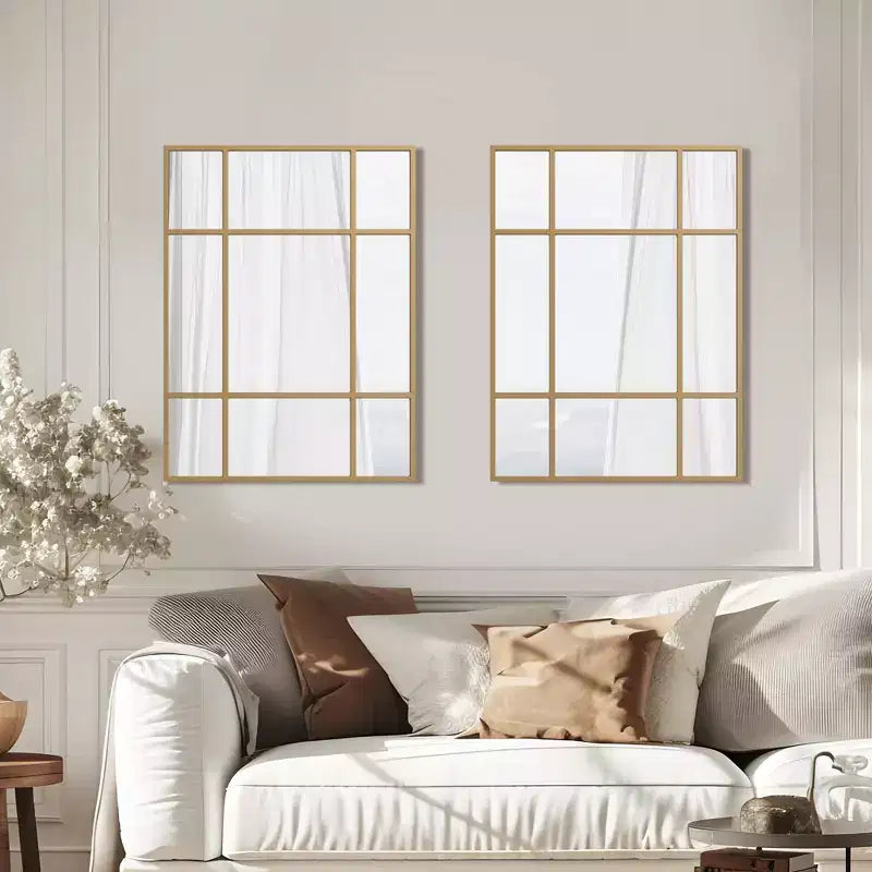 Espejo de pared rectangular de metal, con diseño de rejilla, en color negro y dorado, para colgar verticalmente