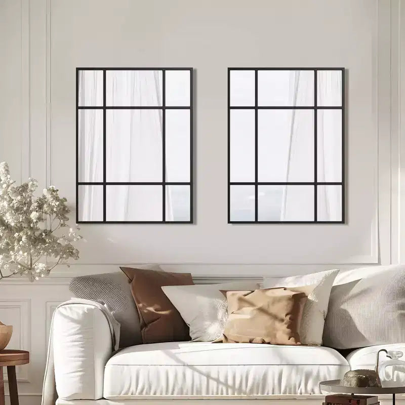 Espejo de pared rectangular de metal, con diseño de rejilla, en color negro y dorado, para colgar verticalmente