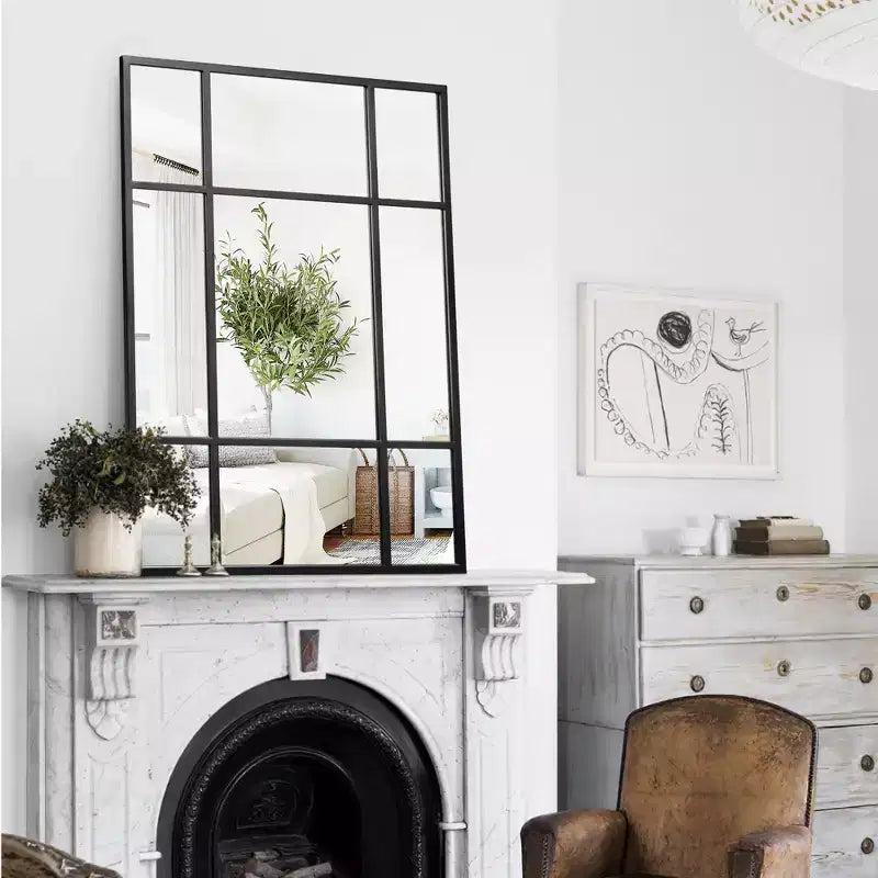 Espejo de pared rectangular de metal, con diseño de rejilla, en color negro y dorado, para colgar verticalmente
