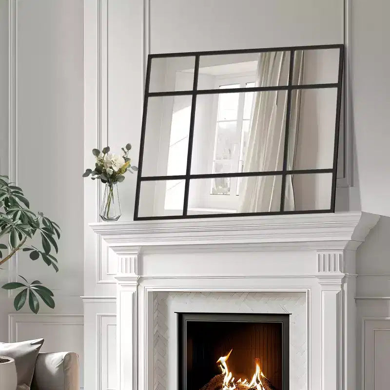 Espejo de pared rectangular de metal, con diseño de rejilla, en color negro y dorado, para colgar verticalmente