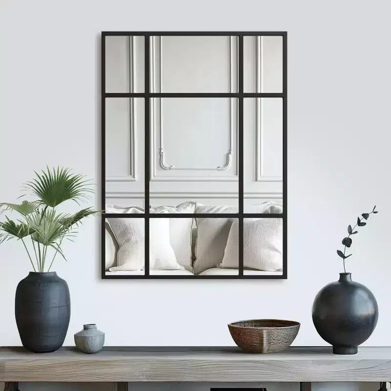 Espejo de pared rectangular de metal, con diseño de rejilla, en color negro y dorado, para colgar verticalmente